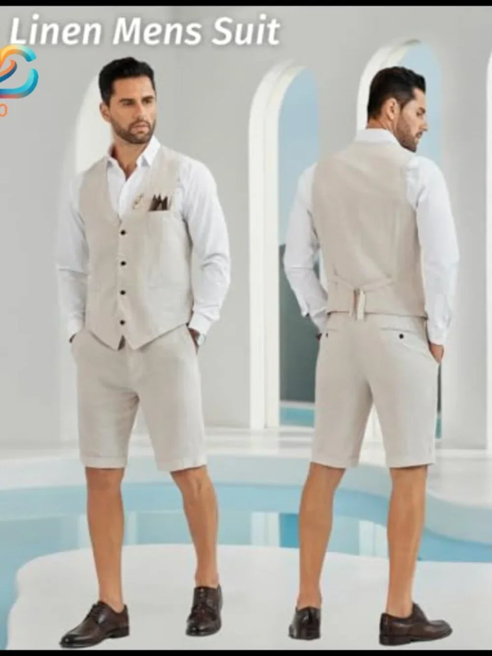 Men's Linen Suit Slim Fit Wedding Groomsmen Summer Vest Shorts Set